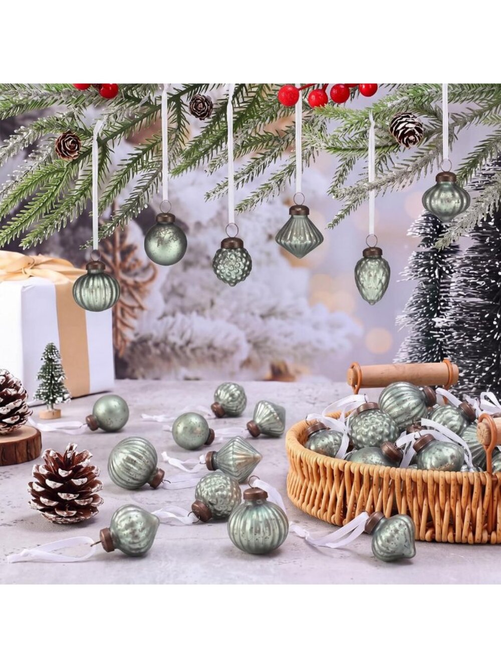 48 Pcs Light Green Mini Vintage Mercury Glass Ornaments - Holiday Decor, 1.2